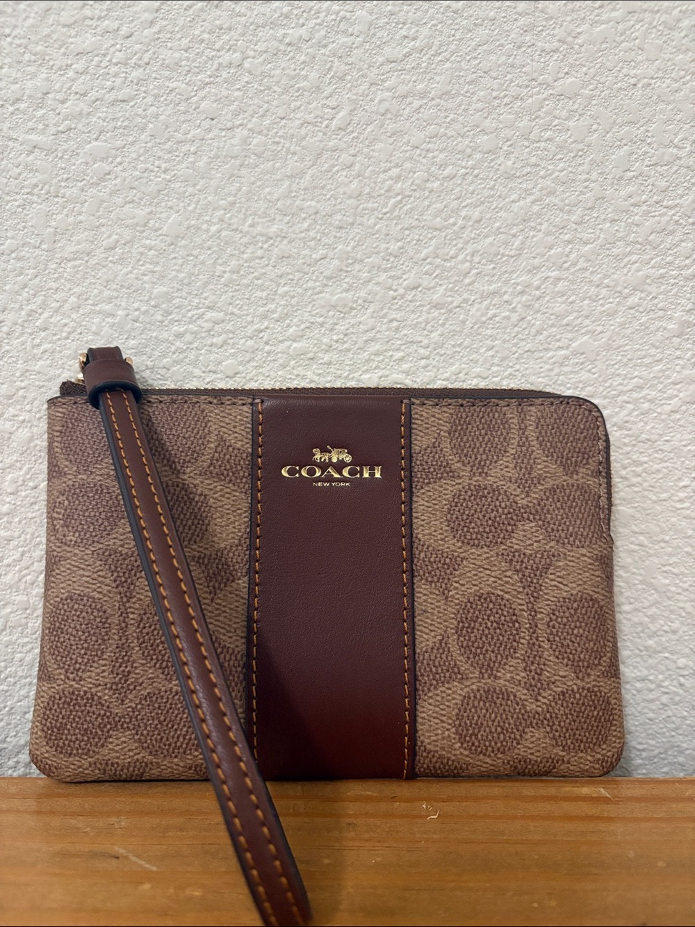 Coach Brown Signature Zip Wristlet with Leather Stripe